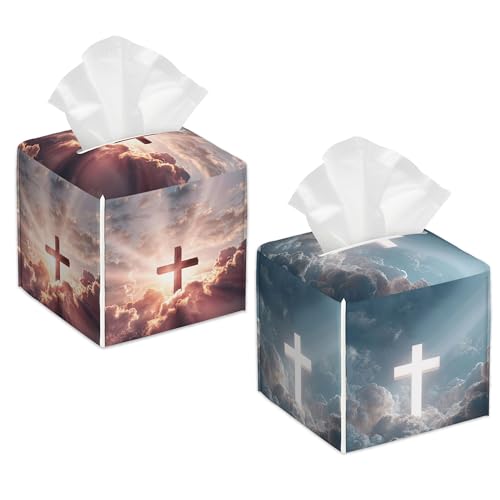 Tissue Box Cover - Cross in Heaven Tissue Holder, Square Leather Napkin Holder Facial Paper Case Decorative Tissues Cover for Home Kitchen Dining Bathroom Office, 2 Pcs - color: Cross in Heaven