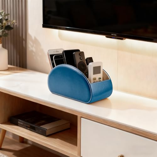 Remote Control Holders Organizer Box with 5 Compartment PU Leather Multi-functional Office Desk Storage Caddy Store Tv Remote for Media Player,Brush,Pencil,Glassees&Office Supplies (peacock blue) - color: Peacock Blue, size: M