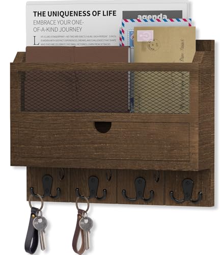 Nekon Mail Organizer with Drawer for Wall, 12"W x 10"H x 3.1"D Mail Sorter Wall Mounted, Wooden Key Holder Wall File Organizer Letter Sorter for Letter Magazines (Brown) - color: Brown