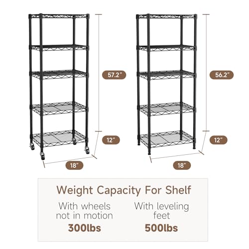 Golpart Small 5 Tier Shelves Storage Wire Shelving Unit Metal Shelf Adjustable Organizers Storage Shelving with Wheels for Bathroom Laundry Room Kitchen Pantry12”D x 18”W x 57.2”H Black - color: Black, size: 5 shelves (12 "D X 18 "W X 57.2 "H)
