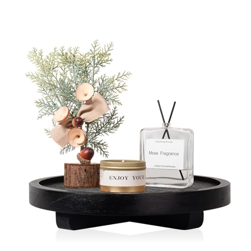 Round Decorative Tray Wood Bathroom Counter Organizer Farmhouse Kitchen Decor Wooden Riser for Soap Dish, Perfume, Candle, Sponge, 8" - Black - color: Black, size: 8"