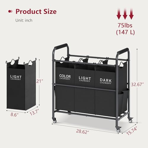 Tajsoon 3 Bag Laundry Sorter Cart, Laundry Hamper Sorter Basket with Heavy Duty Lockable Rolling Wheels for Clothes Storage, Black - color: Black, size: 3 Bag