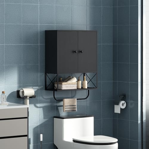 MAHANCRIS Bathroom Wall Cabinet with 2 Door and Adjustable Shelf, Farmhouse Medicine Cabinet with Towel Rack, 3-Tier Wall Mounted Storage Cabinet Over The Toilet for Bathroom, 18.9" L, Black - color: Black, size: 18.9"L x 7.9"W x 26.1"H