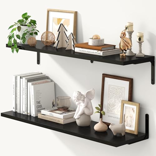 Fun Memories Deep Floating Shelves, 36W x 8D Floating Shelves Set of 2, Wall Mounted Shelf with Metal Brackets, Rustic Wood Wall Shelf for Bathroom, Kitchen and Living Room, Black - color: Black- L Bracket, size: 36"W x 8"D