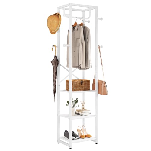 IBUYKE Coat Rack with Shelves, Freestanding Hall Tree with 3 Shelves and 8 Hooks, Industrial Clothes Stand for Entryway, Hallway, Bedroom, White UTMJ088W - color: White
