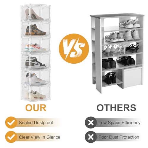 Shoe Box,Set of 6,Stackable Plastic Clear Shoe Box Organizer with Magnetic Door,Shoe Storage Box Thicken Sturdy,Easy Assembly,Fit up to US Size(Side opening door, Clear) - color: White, size: Side