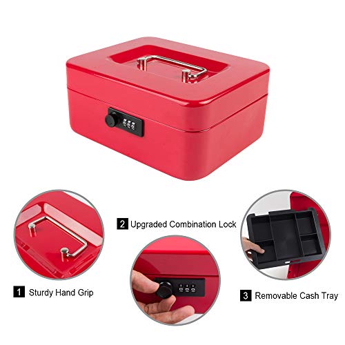 KYODOLED Medium Cash Box with Combination Lock Safe Metal Money Box with Money Tray for Security Lock Box 7.87"x 6.30"x 3.54" Red Medium - color: Red, size: Medium