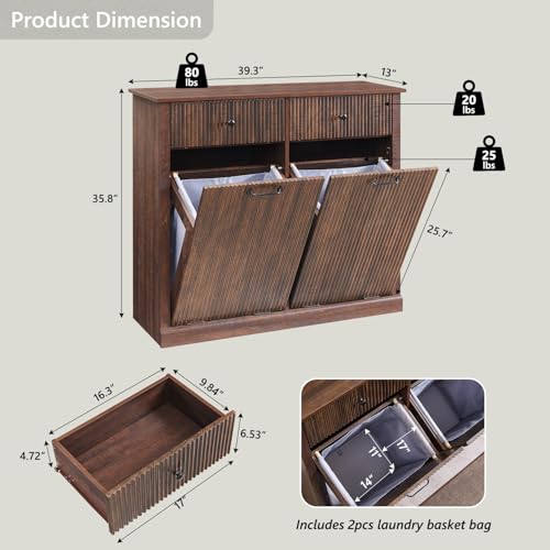 IFBUY Modern Double Tilt-Out Laundry Hamper Cabinet, 20 Gallon Fluted Trash Can Cabinet w/2 Drawers, Wooden Hidden Garbage Can Cabinets w/Laundry Basket, Free Standing for Bathroom and Kitchen, Brown - color: Brown, size: 13"D x 39.3"W x 35.8"H (Full)