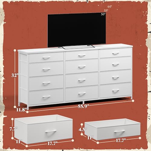 Romorgniz 55" Long Dresser for Bedroom with 12 Fabric Drawers, Entertainment Center for 60 inch TV Dressers & Chests of Drawers Large Organizer, Living Room, Metal Frame, Wood Top, White - color: White