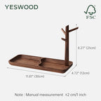 Solid Wood Key Holder with Tray, Black Walnut Key Tray & 3-Tier Jewelry Stand - Entryway Key Bowl Organizer for Keys, Wallet, Phone, Watch, Rings, Bracelets | Wooden Key Holder (11.8"x4.7"x8.3")