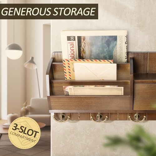 Key Holder Wall Mount with Mail Sorter - Modern Farmhouse Key and Mail Organizer with Hooks and Mini Drawer for Home Decor - Rustic Apartment Essentials for Home Improvement (Brown & Golden Hooks) - color: Brown&Golden Hooks