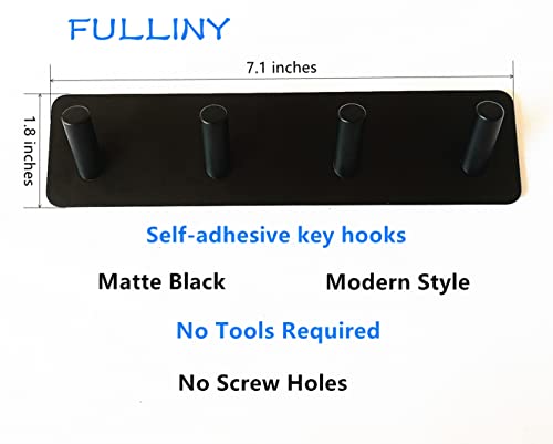 Key Holder for Wall - Adhesive Key Hooks with 4 Hooks, Heavy Duty Stainless Steel, Black, No Screw Holes