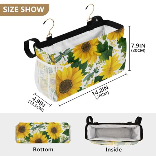 Cute Yellow Sunflowers and Dragonflies Bedside Caddy for Dorm Bed Bedside Hanging Caddy Bag Iron Frame Storage Organizer Pocket for Bunk Home College Hospital Beds 2 Hooks