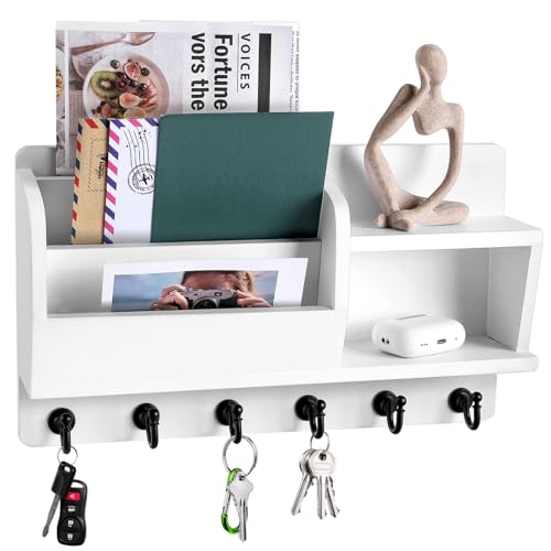 Key Holder Wall Mount, Key and Mail Holder for Wall with 6 Key Hook and Double Shelf, Mail Organizer Wall Mounted with 3-Tier Sortable Mail Slots, Key Rack for Entryway and Home Decor (White)