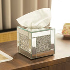 Mirrored Tissue Box Cover Holder, Square Glass Facial Tissue Holder with Crushed Diamond Crystals, Luxury Facial Paper Organizer Dispenser for Bathroom, Vanity Countertop, Tabletop, Silver