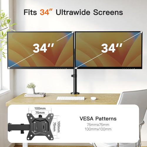 ErGear Dual Monitor Desk Mount for 13″–34″ Monitors up to 26.5 lbs, Fully Adjustable Monitor Stand Holds 2 Computer Screens, Heavy-Duty Dual Monitor Arm with C-Clamp & Grommet Base, Black, EGCM13B - color: Black, size: 13" - 34"