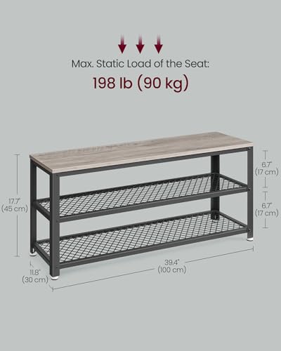 VASAGLE 3-Tier Shoe Rack, Shelf Storage Bench with Metal Mesh Shelves and Seat, Free Standing Shoe Organizer for Entryway, 11.8 x 39.4 x 17.7 Inches, Greige and Black ULBS078K01 - color: Greige + Black, size: 39.4"W x 17.7"H, style: Bench