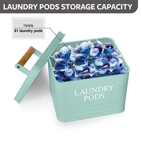 Calindiana Modern Farmhouse Metal Laundry Pods Holder Container with Lid for Laundry Room Decor and Accessories and Space Saving Organization and Storage, Holds 81 Laundry Pods, Mint - color: Mint