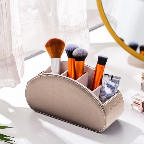 Remote Control Holders Organizer Box with 5 Compartment PU Leather Multi-functional Office Desk Storage Caddy Store Tv Remote for Media Player,Brush,Pencil,Glassees&Office Supplies (Champagne silver) - color: Champagne silver, size: S