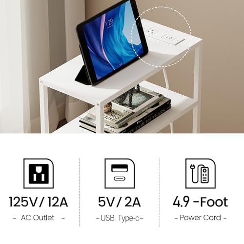 TUTOTAK Narrow Side Table, Small End Table with Charging Station, Nightstand with Fabric Basket, Bedside Table for Small Space, Livingroom, Bedroom White TB01BW095 - color: White