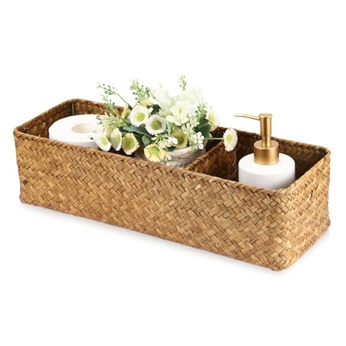 Seagrass Shelf Basket with Dividers, Rectangular Woven Storage Baskets for Organizing, Decorative Wicker Narrow Basket Tray with 3 Sections for Shelves, Toilet Tank, Bathroom Counter - color: Caramel