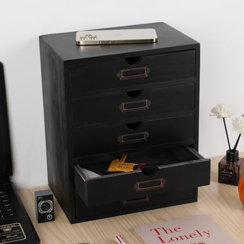 Wooden Storage Box with 5 Drawers Apothecary Drawers Vintage Wooden Drawers Wood Desktop Organizer with Drawers Countertop Drawers Library Card Catalog Cabinet Apothecary Cabinet （BLACK） - color: BLACK05
