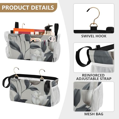 Bedside Caddy Metal Frame Hanging Organizer Bunk Bed Dorm Accessories Hook And Loop Storage Bag Large Pockets Light Grey Tulip Flowers - color: Light Grey Tulip Flowers