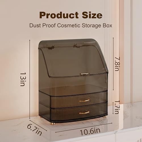 Makeup Organizer Countertop Vanity with Transparent Lid Drawers Waterproof Dustproof Cosmetic Skincare Bathroom Storage Gift for Women Teens Girls (Clear Black) - color: Clear Black
