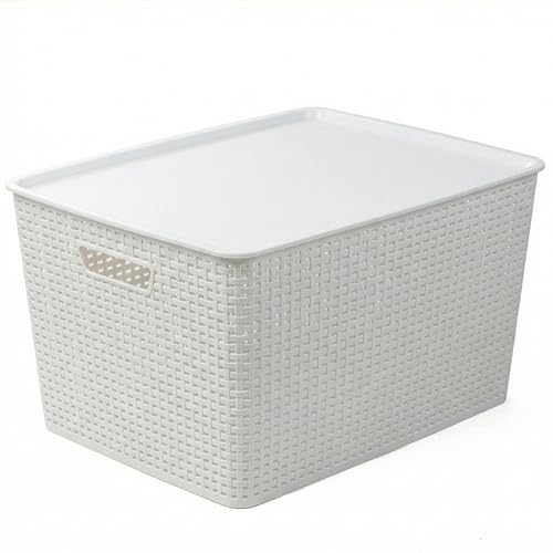 BINO | Plastic Storage Baskets with Lids, 45 Liter - 3 Pack, White | THE WOVEN COLLECTION | Storage Basket for Shelves | Woven Storage Baskets for Organizing Bins Pantry Shelf Organizer Container Bin - color: White, size: 45L | 2-Pack