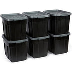 Rubbermaid 18 GAL 6 Pack Garage Storage Bins with Stackable Lid, Heavy Duty - Made in USA - Extreme Temperature Resistant, Durable Plastic Containers with Handles - Solid Black and Grey - size: 18 Gal - 6 Pack