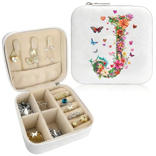 Monogram Jewelry Box Portable Print Jewelry Box, White Compact Jewelry Box Travel Jewelry Case Travel Case Organizer Bag Storage Box Jewelry Holder For Necklace Earrings Rings Bracelet (Letter J)