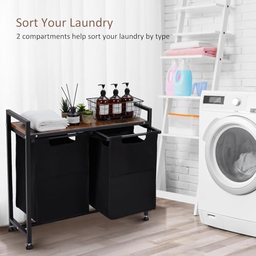 Laundry Sorter 2 Section, Laundry Hamper with Wheels, 2 × 11.5 Gal (87 L), Rolling Laundry Basket, Pull-Out and Removable Oxford Fabric Laundry Bags, Black - size: 28.6''L x 13''W x 28.4''H