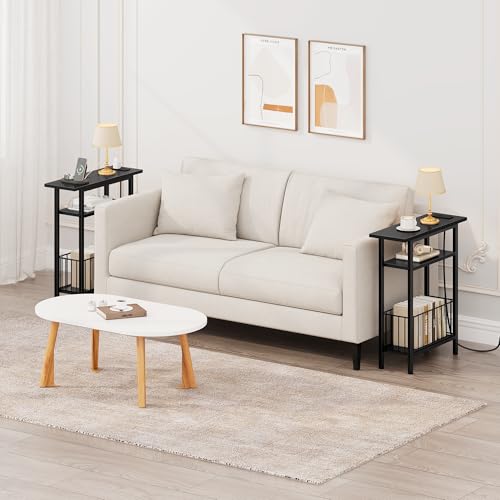 Vagusicc Narrow Side Table with Charging Station, 3-Tier Skinny Side End Table for Couch, Small End Tables for Small Spaces, 25.2" Tall Slim Nightstand Bedside Table for Living Room, Bedroom, Black - color: Black, style: With Plug