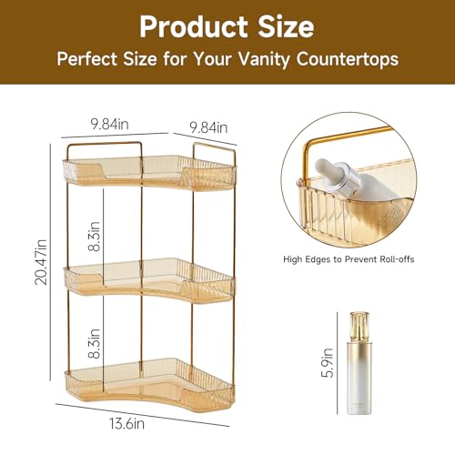 Ceruaxb 3-Tier Corner Bathroom Counter Organizer, Plastic Countertop Makeup Organizer, Large Capacity Vanity Bathroom Perfume Shelf Rack for Kitchen Office Desktop (Amber) - color: Amber
