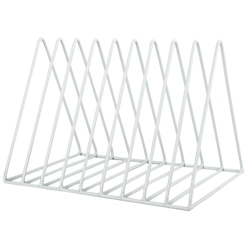 EASEPRES Vinyl Record Holder Storage, 9 Slot Metal Magazine Book Album Display Rack, Stylish Triangle Desktop File Sorter Organizer for Home Office, White - color: White