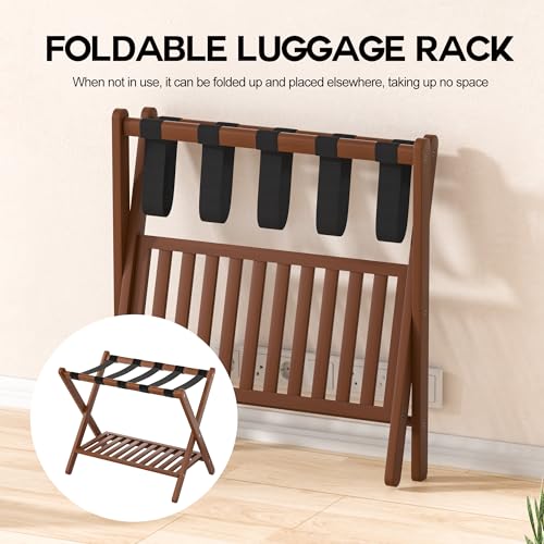 Luggage Racks Set Of 2 Suitcase Stand Foldable With Storage Shelf For Guest Room Hotel Essentials Solid Bamboo Heavy-Duty Item Holder Chestnut Brown
