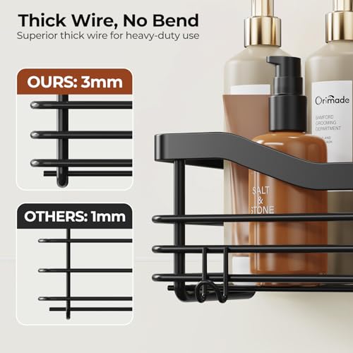 Orimade Adhesive Shower Caddy Shelf with 5 Hooks Organizer Storage Rack Rust Resistant Wall Mounted Stainless Steel No Drilling for Bathroom, Toilet, Kitchen - 2 Pack,Black - color: Black, size: 4.72"D x 12.6"W x 3.54"H