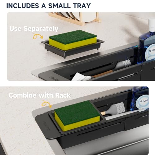 NiHome Extendable Over Sink Kitchen Organizer, Small Telescopic Brush Storage Rack for Sponge, Non-Slip Pads Expandable Sink Caddy, Adjustable Sponge/Brush Rack with Drainage Durable ABS (Black) - color: Black 1, size: Standard