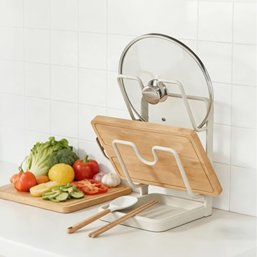 304 Stainless Steel Kitchen Pot Lid Storage Rack, Pot Lid Holder while Cooking, Pot Lid Organizer with Removable Tray & Spoon Rest,Waterproof & Rustproof(Beige, 2 Layer) - color: Beige, size: Double