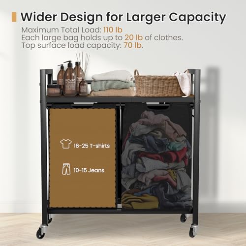 SwaaVee Laundry Hamper, Laundry Basket, Laundry Sorter with 2 Removable Bags, Clothes Basket with 2 Compartments, Wheels, Shelf for Laundry Room Bathroom Bedroom (2 Bags-Black) - color: 2 Bags-Black