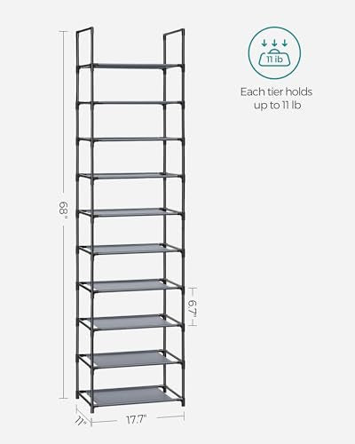 SONGMICS Shoe Rack, 10-Tier Shoe Shelf, Shoe Storage Organizer, 11 x 17.7 x 68 Inches, Metal Frame, Non-Woven Fabric Shelves, for Entryway, Bedroom, Gray ULSH010G01 - color: Grey, size: 11"D x 17.7"W