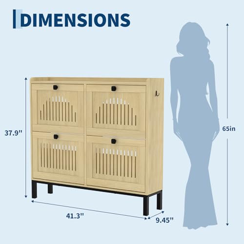 4-Door Flip Front Shoe Cabinet with Adjustable Shelves – Hidden Entryway Storage Organizer for Hallway, Foyer, Living Room – Freestanding Wooden Shoe Rack with Large Capacity & Modern Design, Natural - color: Natural Oak, size: 9.45"D x 41.34"W x 37.9"H