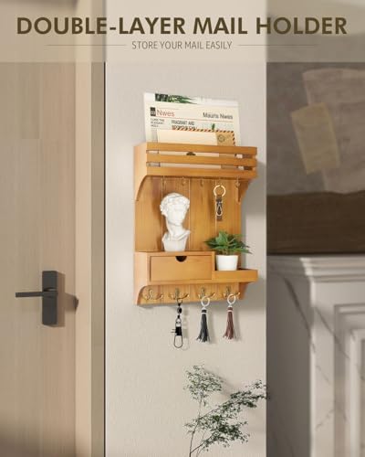 Rebee Vision Farmhouse Key Holder Wall Mount with Mini Drawer Organizer – Mail Organizer with 9 Key Hooks – Ideal Home Decor for Entryway, Hallway, and Bedroom (Light Brown) - color: Light Brown, style: Small Drawer
