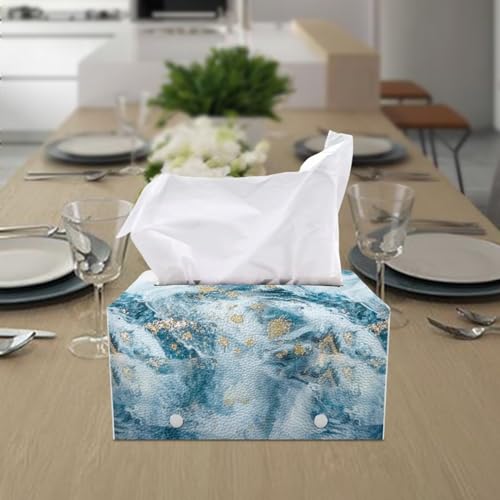 Blue Marble Print Tissue Box Holder Modern PU Leather Rectangular Tissue Box Durable Waterproof Tissue Cover Holder Decorative Organizer for Bathroom Vanity Countertop - color: Blue Marble Print