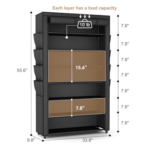 VILICK Shoe Rack with Cover, 7 Tier Shoe Organizer Storage for 32-40 Pair Shoes and Boots Large Shoe Storage Shelf Space Saving Vertical Shoe Rack for Closet, Front Door Entrance, Dorm, Garage - color: Black, size: 33.8"W-7 Tier