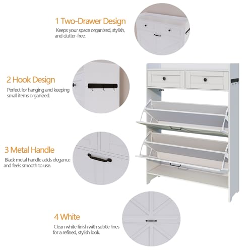 Viaozutis Shoe Cabinet with 2 Flip Drawers & 2 Storage Drawers, Space-Saving Shoe Storage Cabinet with Adjustable Shelf for Entryway or Hallway, Farmhouse Shoe Organizer Holds Up to 20 Pairs White