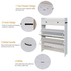 Viaozutis Shoe Cabinet with 2 Flip Drawers & 2 Storage Drawers, Space-Saving Shoe Storage Cabinet with Adjustable Shelf for Entryway or Hallway, Farmhouse Shoe Organizer Holds Up to 20 Pairs White