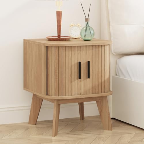 Fluted Nightstand with Sliding Tambour Doors, Curved Edge Wood Bedside Table for Bedroom, Side Tables with Storage for Living Room (1, Square - Oak) - color: Square - Oak
