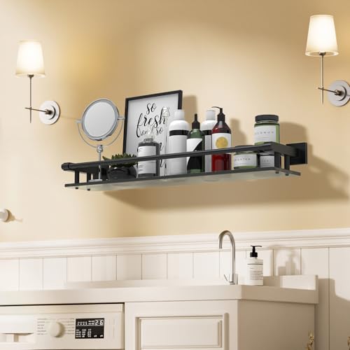 Glass Shelf for Bathroom Wall Sheves 24 inch Rectangular Stainless Steel Tempered Glass Modern Stainless Steel Wall Mount Accessories Organizers Storage (Matte Black) - color: Matte Black, size: 24'' with Railing