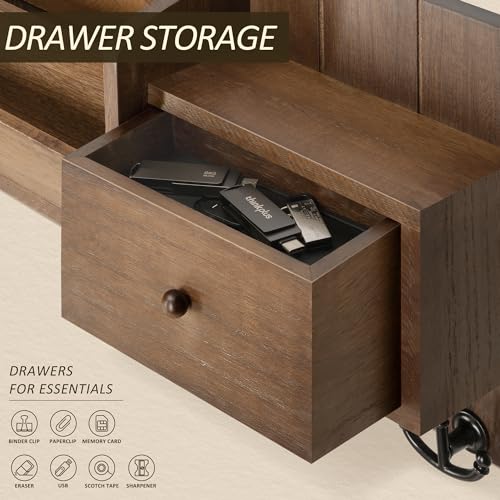 Rebee Vision Key and Mail Holder Wall Mount - Mail Organizer Wall Mount with Storage Hooks and Drawer for Modern Farmhouse Decor - Mail Organizer Wall Mounted for Rustic Apartment Essentials (Brown) - color: Brown
